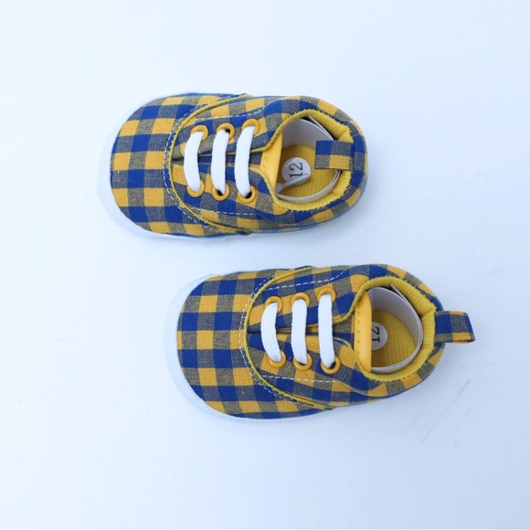 Baby Toddler Shoes Yellow Blue check plaid gingham 6-12 Walking Boot Infant New - Picture 3 of 7